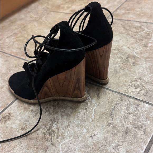 Tory Burch Black Suede Leather Lace Up Tie Tan Wedge Sandal Heels 9.5 - Picture 8 of 14